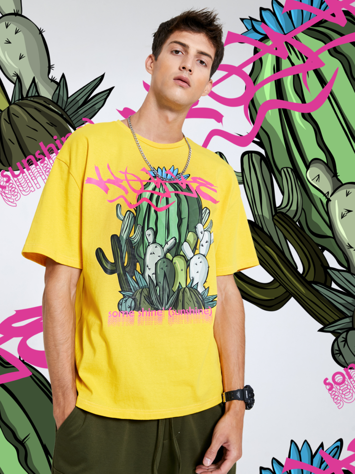 Men 100% Cotton Comfortable Cactus Tropical And Letter Print T-Shirt