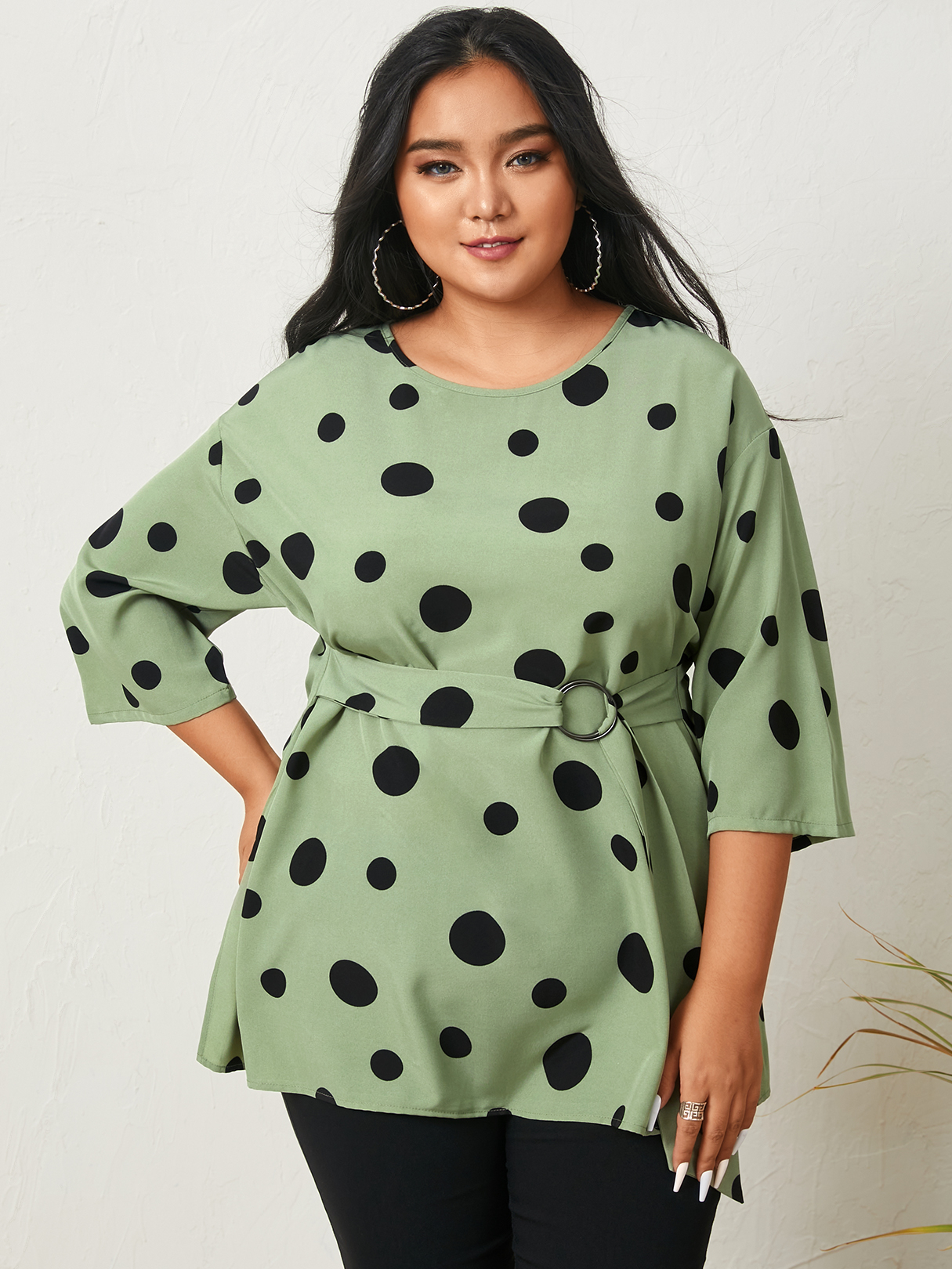 YOINS Plus Size Round Neck Polka Dot Belt Design 3/4 Length Sleeves Blouse