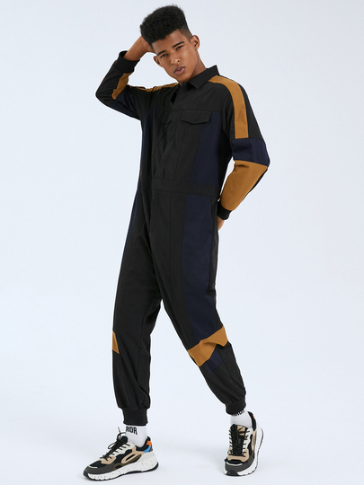 Men Fashion Color Block Patchwork Zip Front Casual Overalls Jumpsuit