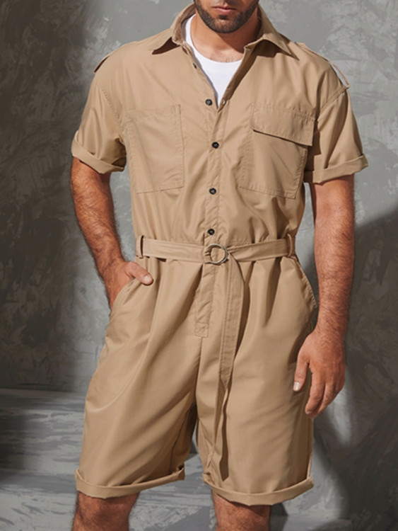 INCERUN Men Military Style Pockets Rompers Belt Loose Jumpsuit