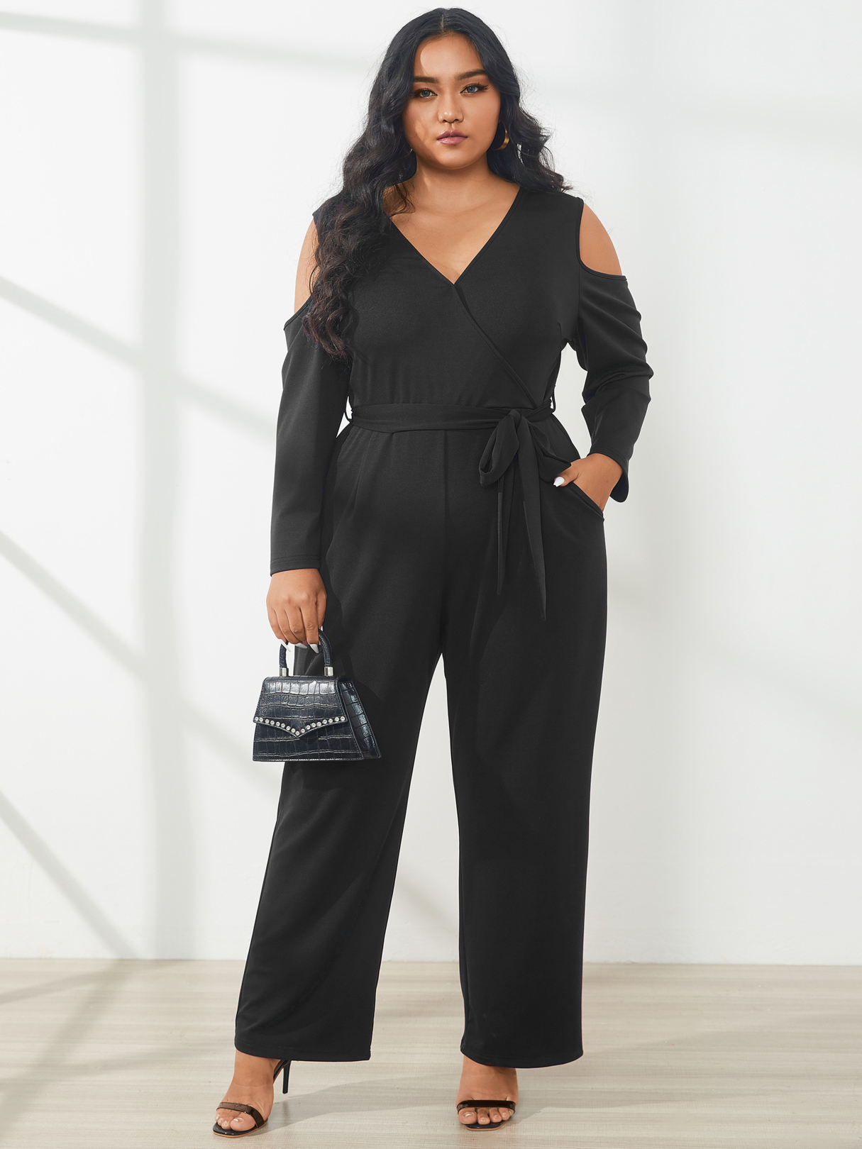 YOINS Plus Size Cold Shoulder Wrap Design Belt Design Long Sleeves Jumpsuit