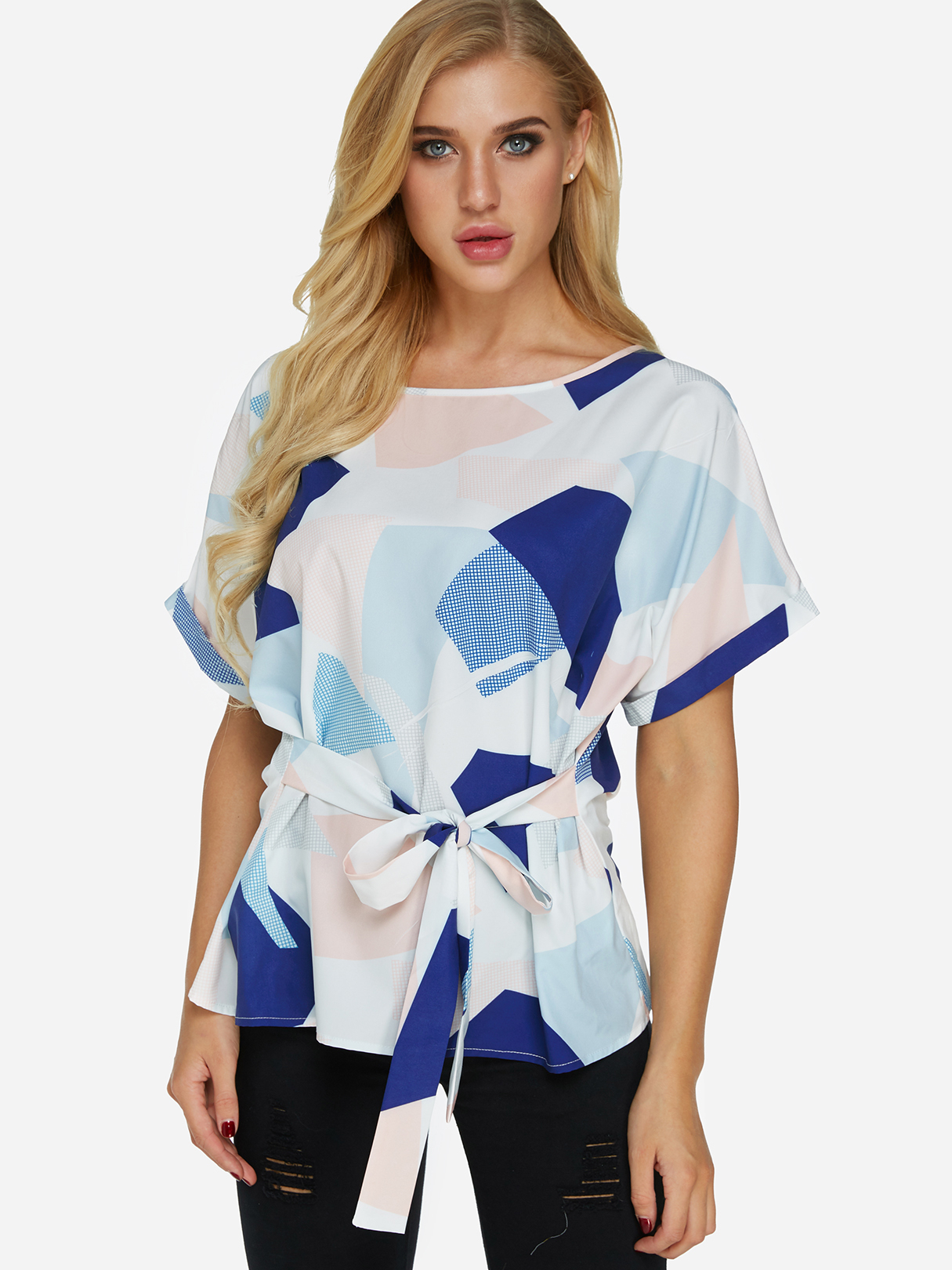 Self-tie Design Random Geometrical Pattern Round Neck Short Sleeves Blouse