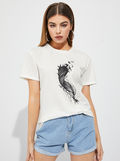 YOINS Feather & Arrow Print Crew Neck Short Sleeves Tee