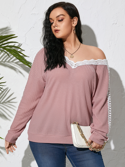 YOINS Plus Size Lace Patchwork Design Backless Design Waffle Knit Sweater