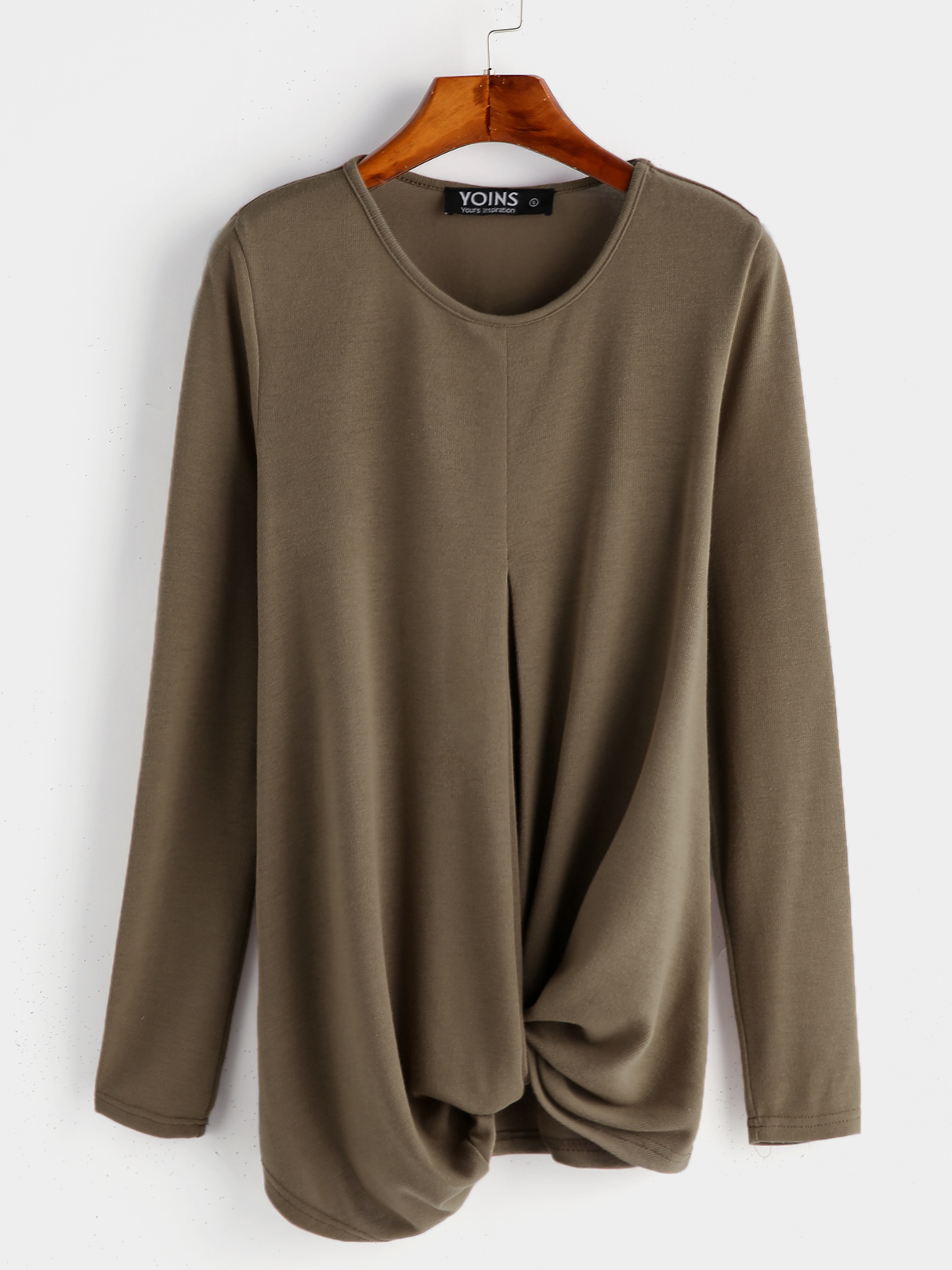 Casual Brown Knotted Front Design Round Neck Long Sleeves T-shirts