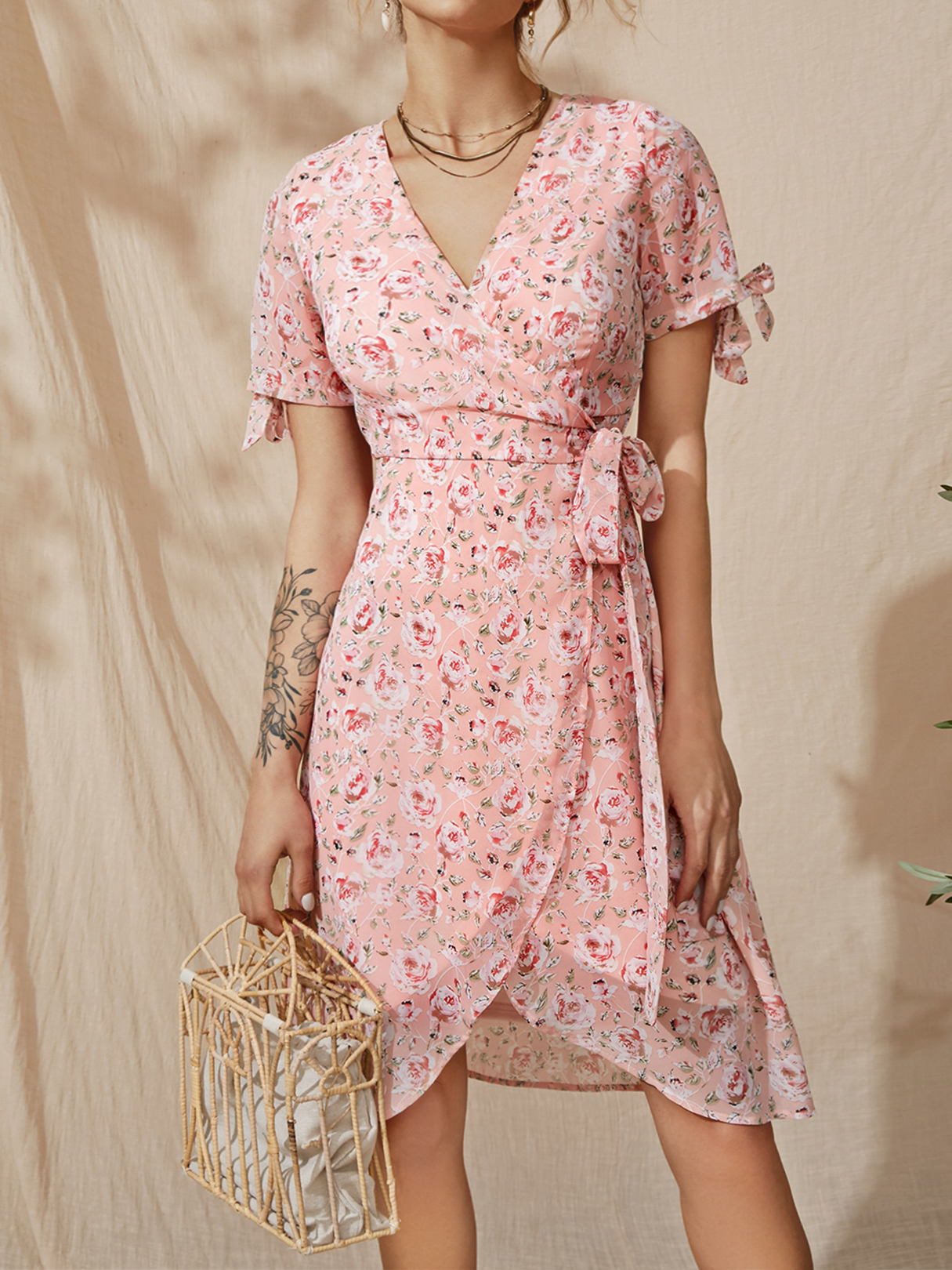 YOINS Pink Deep V Neck Calico Tie-up Design Short Sleeves Midi Dress