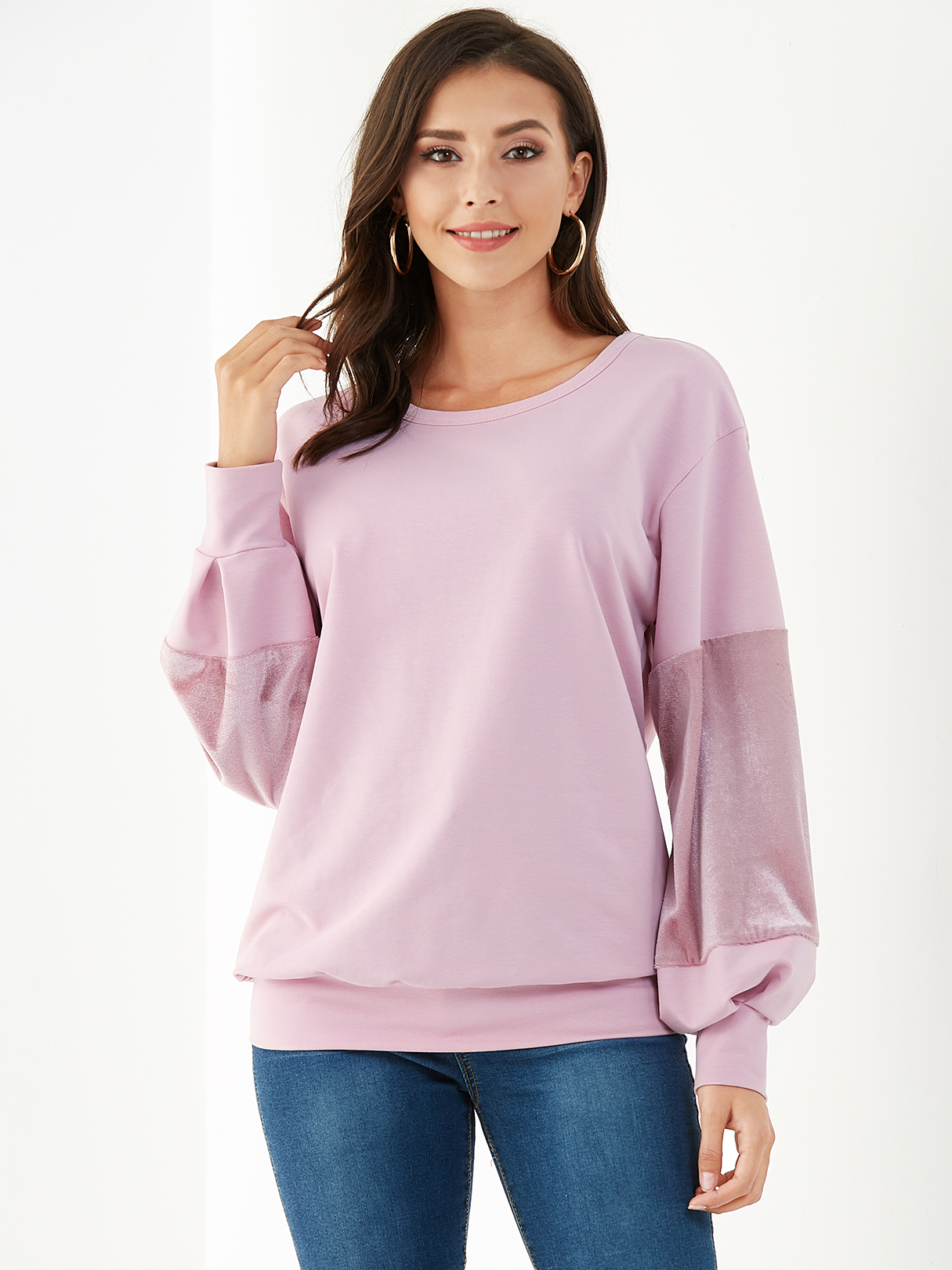 YOINS Pink Velvet Patchwork Round Neck Puffy Sleeves Sweatshirt
