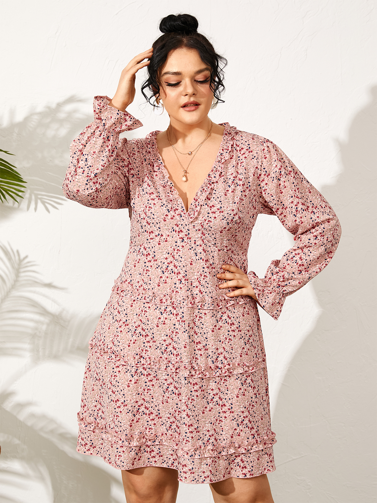 YOINS Plus Size Deep V Neck Calico Lettuce-Edge Long Sleeves Dress