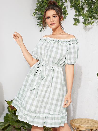 YOINS Plus Size Plaid Belt Design Off The Shoulder Short Sleeves Dress