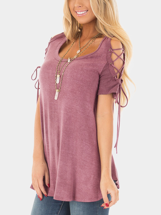 Burgundy Lace-up Design Round Neck Short Sleeves T-shirts