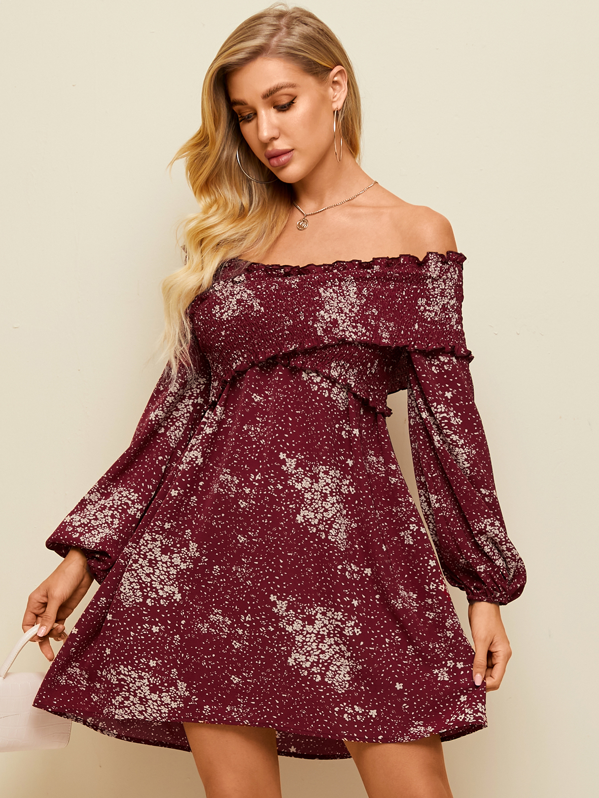 YOINS Red Calico Shirring Off The Shoulder Crossed Front Long Sleeves Mini Dress