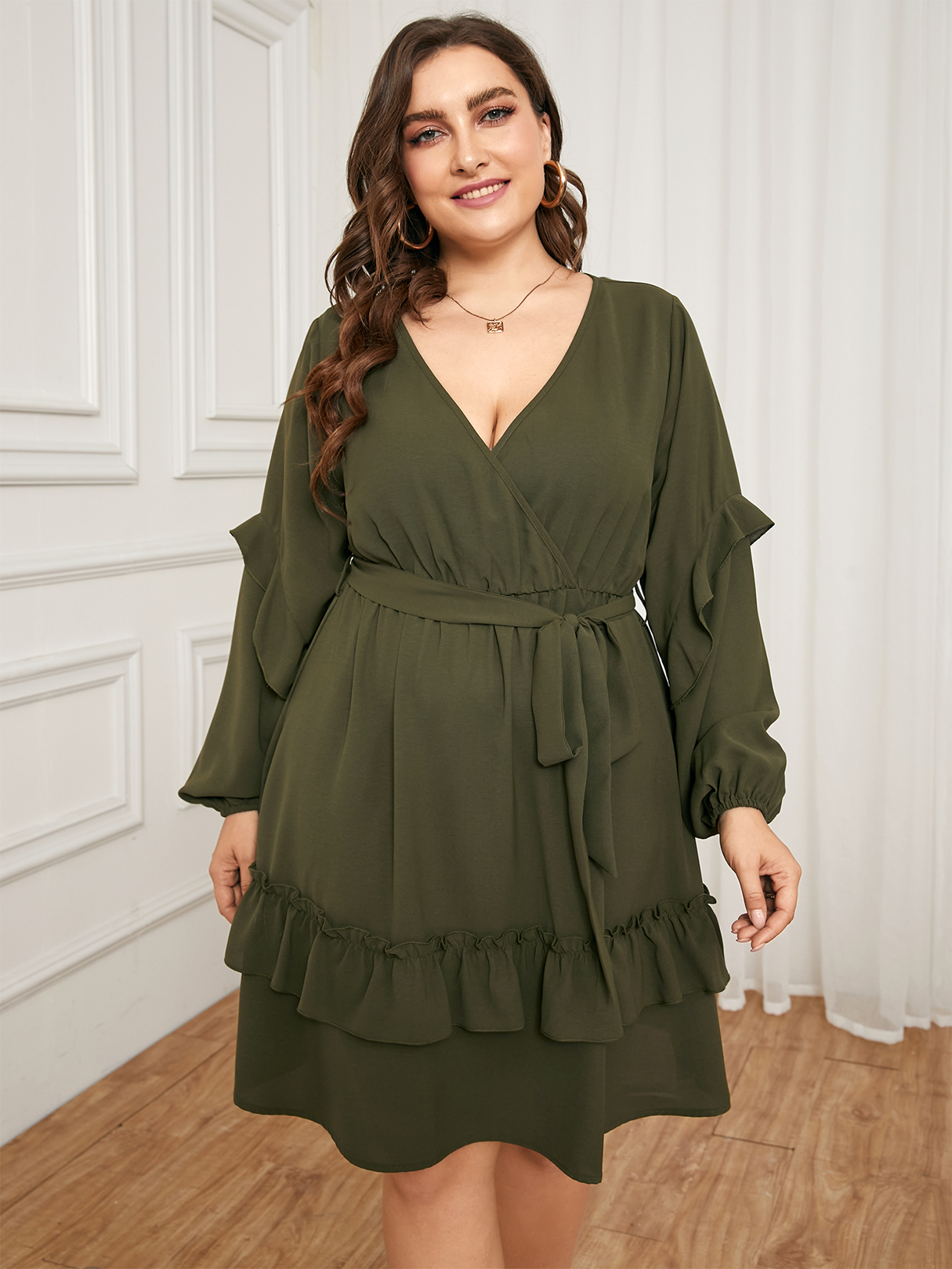 YOINS Plus Size V-neck Belt Design Crossed Front Design Ruffle Trim Long Sleeves Dress