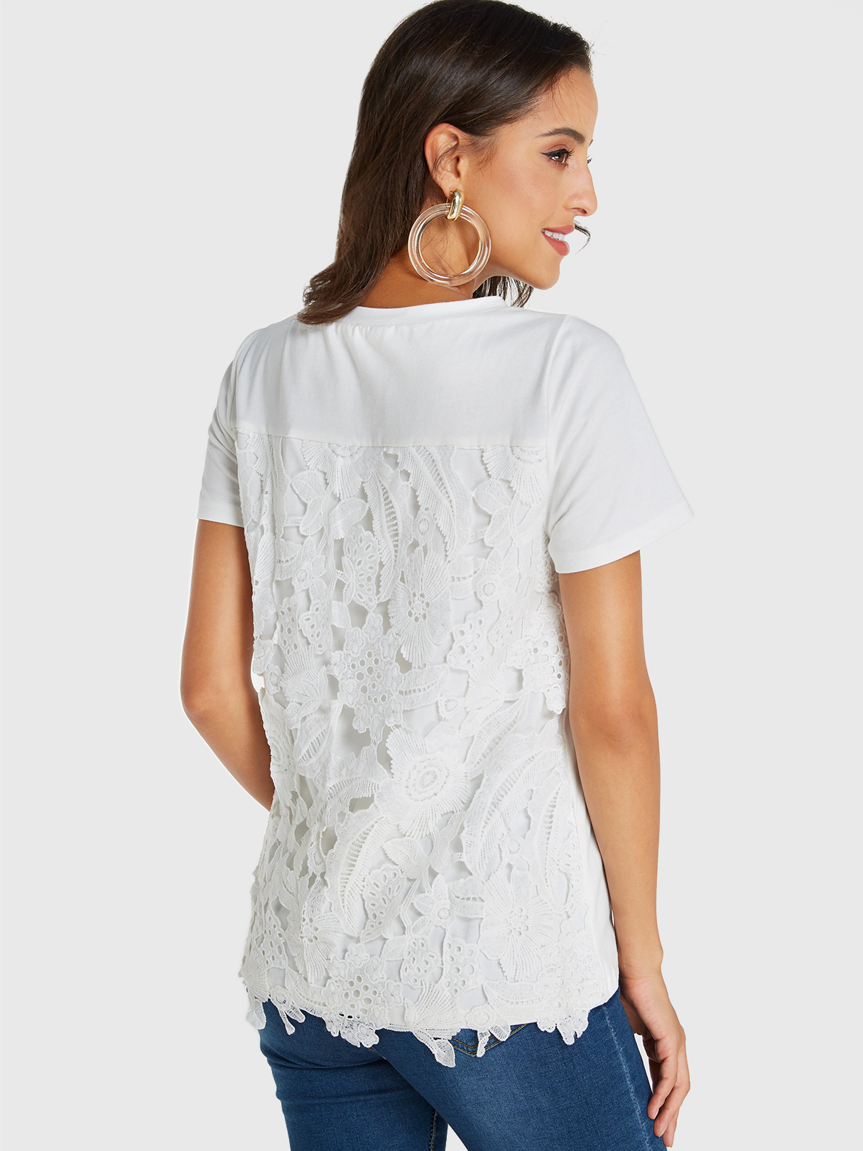 YOINS White Lace Round Neck Short Sleeves Tee