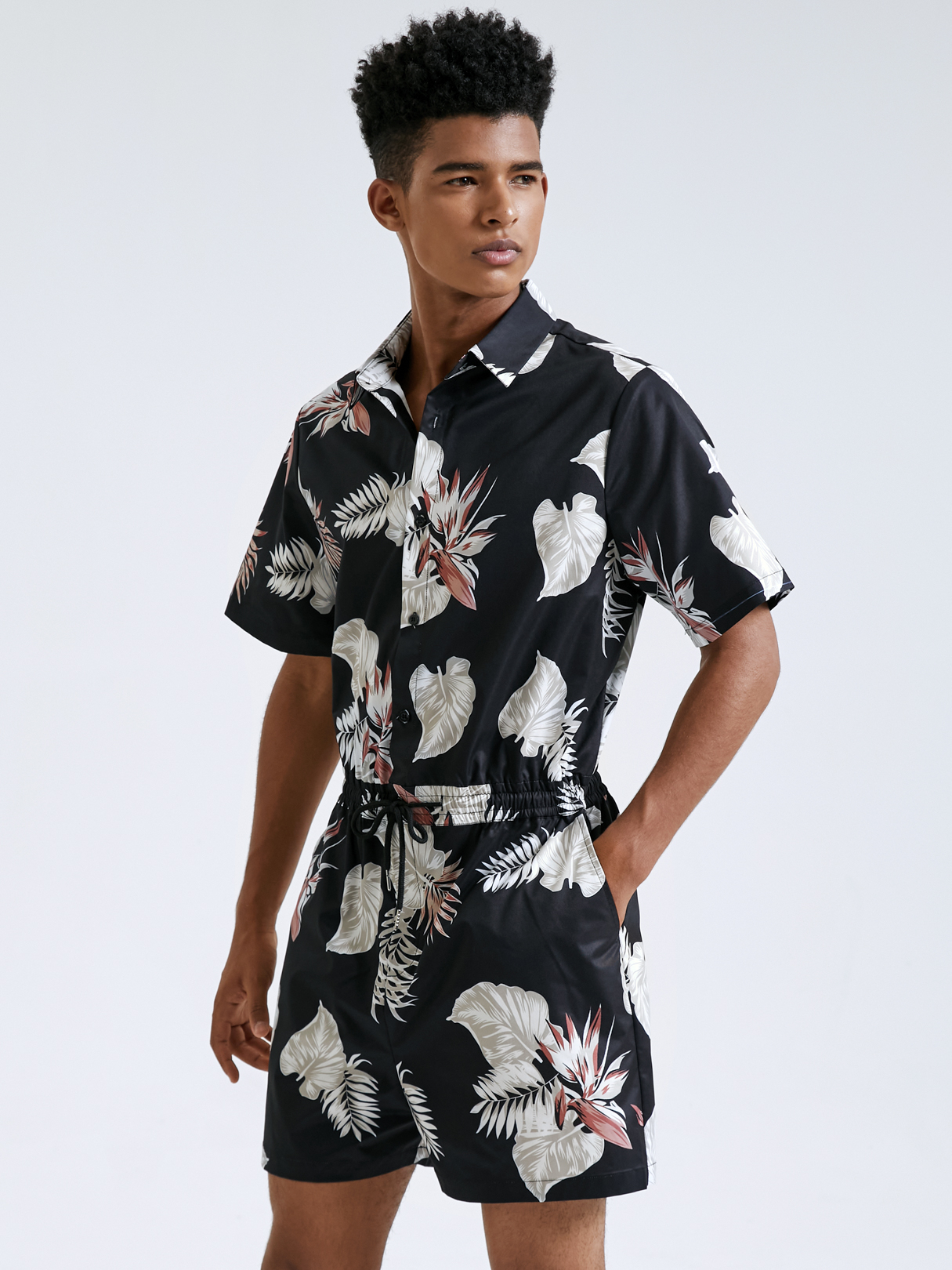 Men Holiday Tropical Print Drawstring Waist Short Sleeves Overalls Jumpsuit