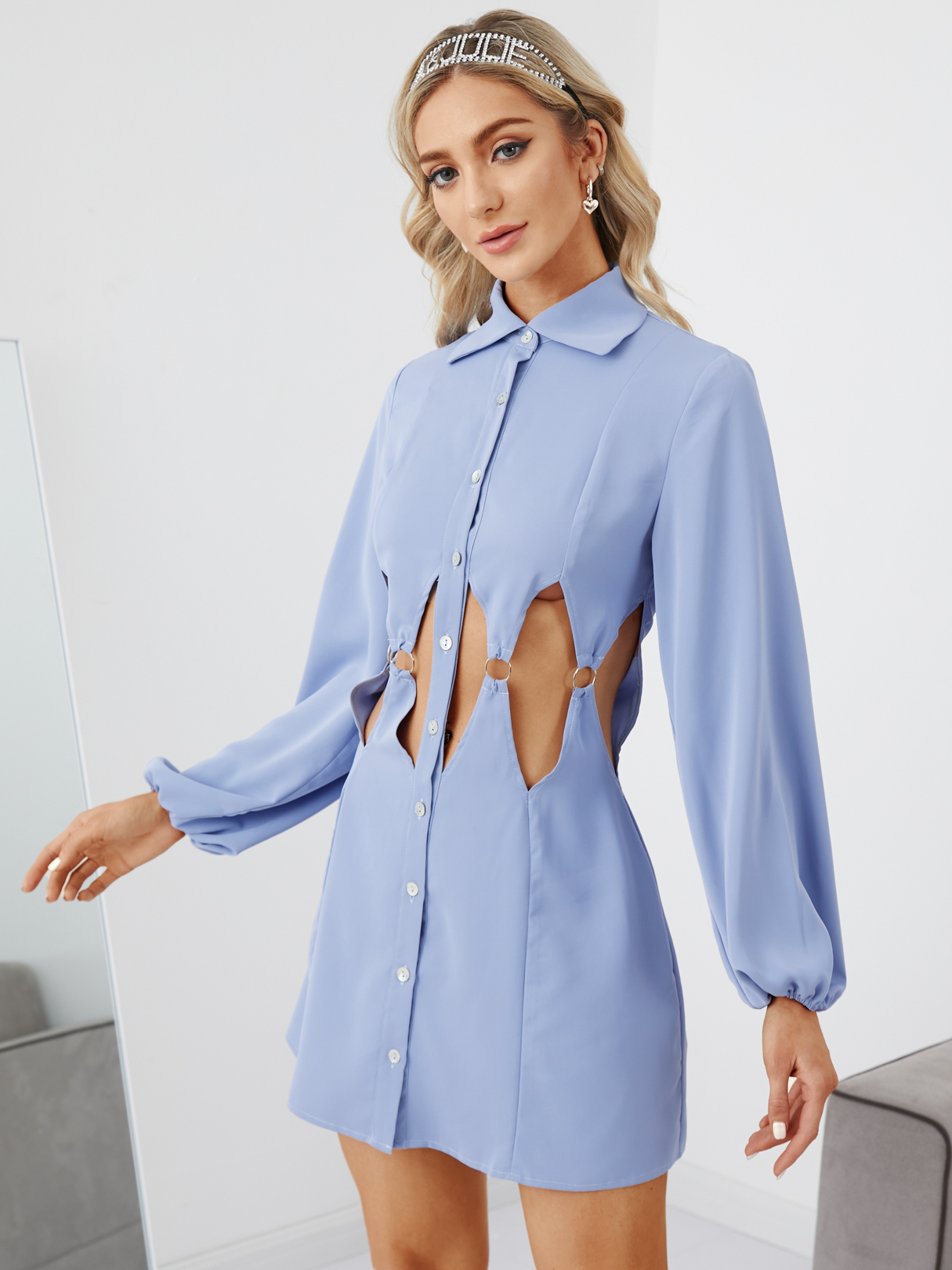 YOINS Button Front Cut out Long sleeves Mini Dress