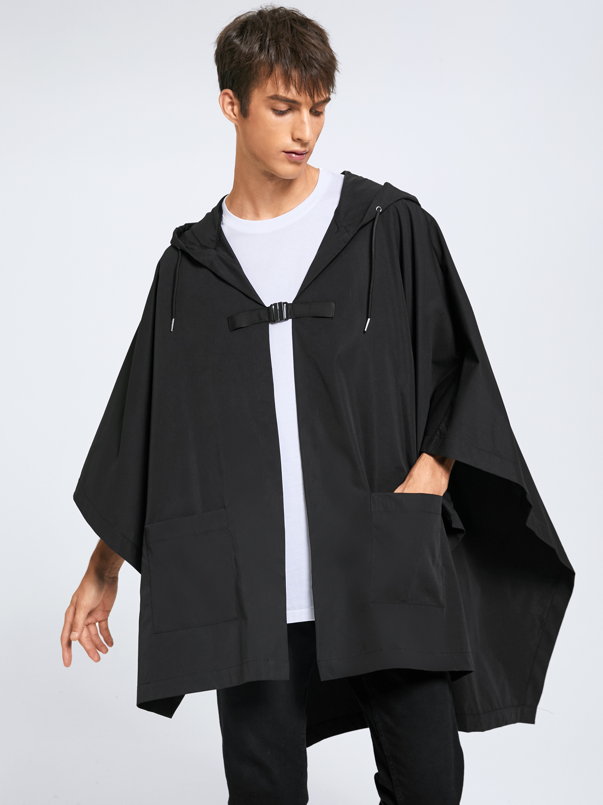 Men Hooded Plain Drawstring Cloak Cape Design Pocket Coat