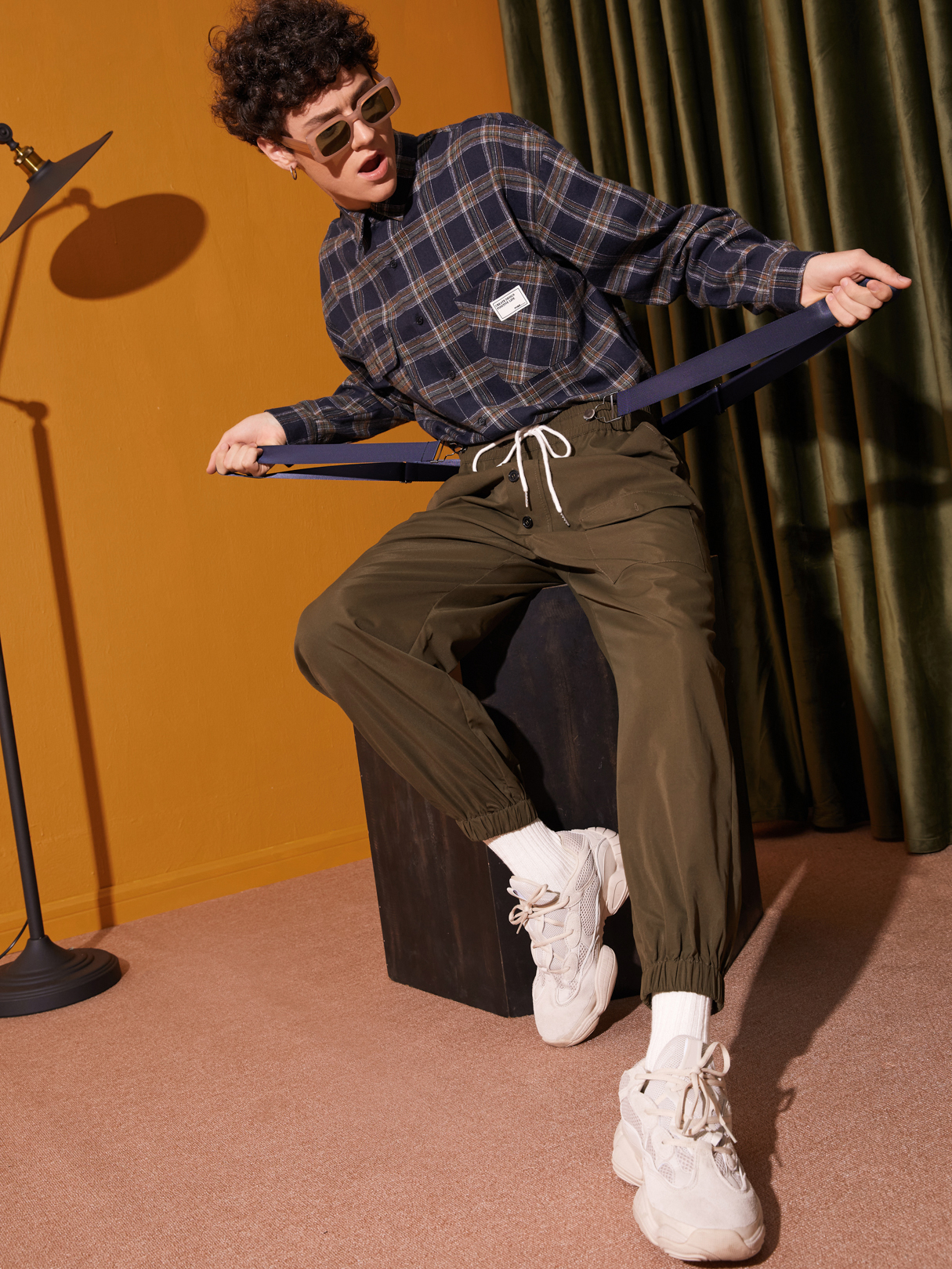 Men Fashion Solid Color Ribbon Cargo Pants