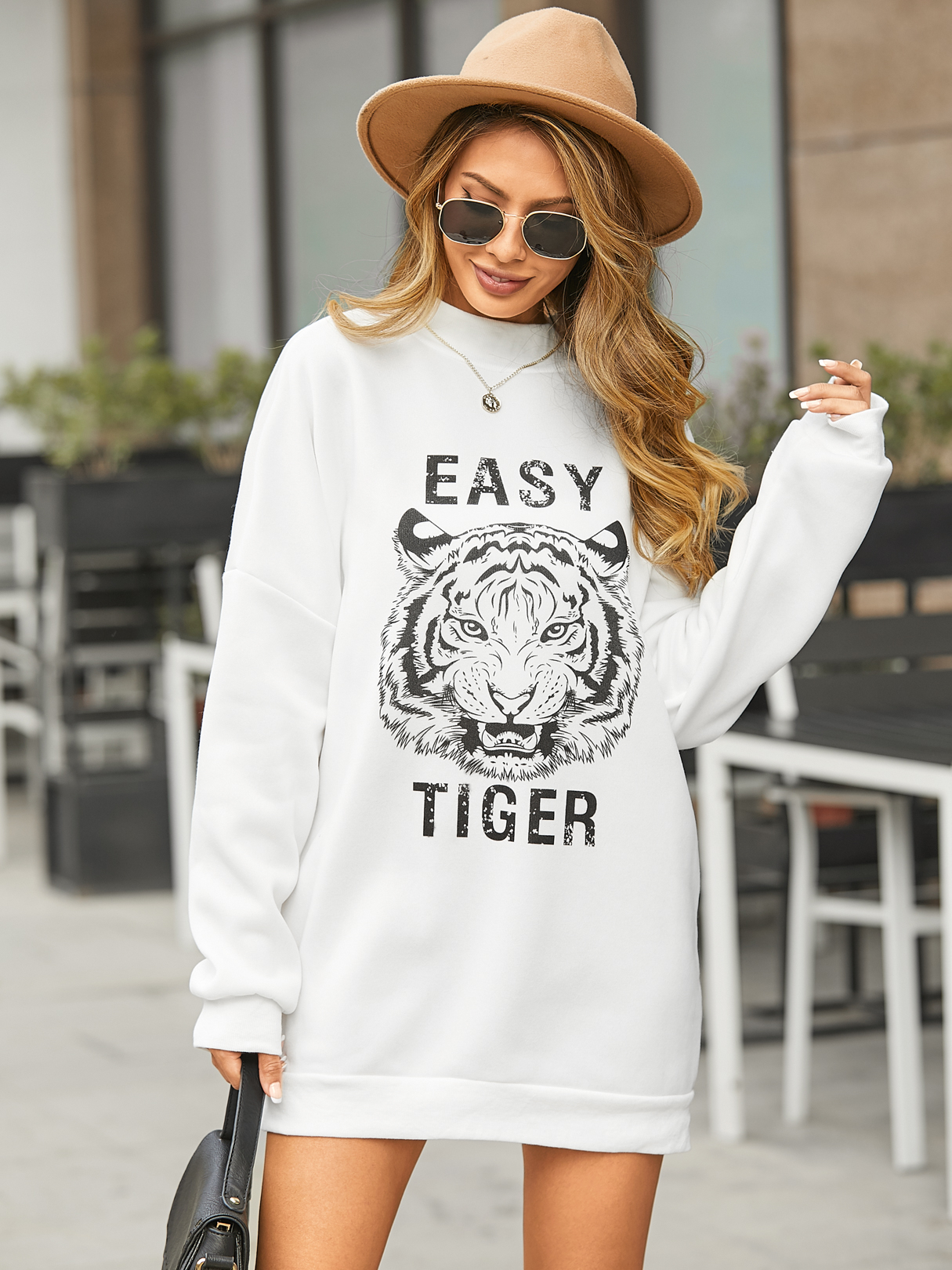 YOINS White Graphic Letter Print Long Sleeves Sweatshirt Dress