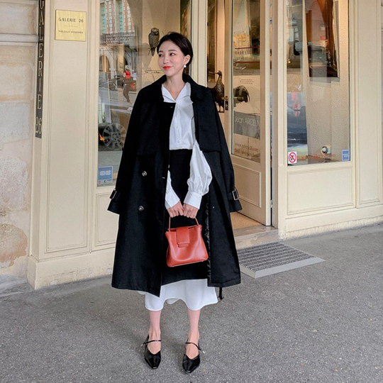 MERONGSHOP - Double-Breasted Trench Coat with Sash - Beige/One Size