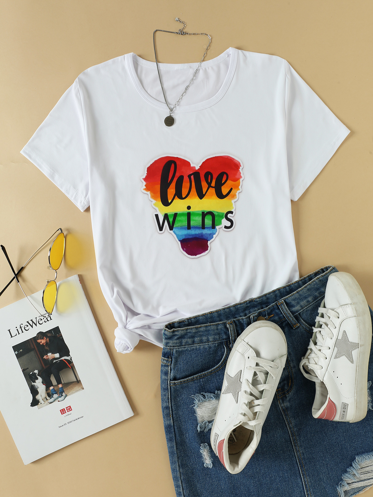 Plus Size White Round Neck Letter Print Short Sleeves Tee