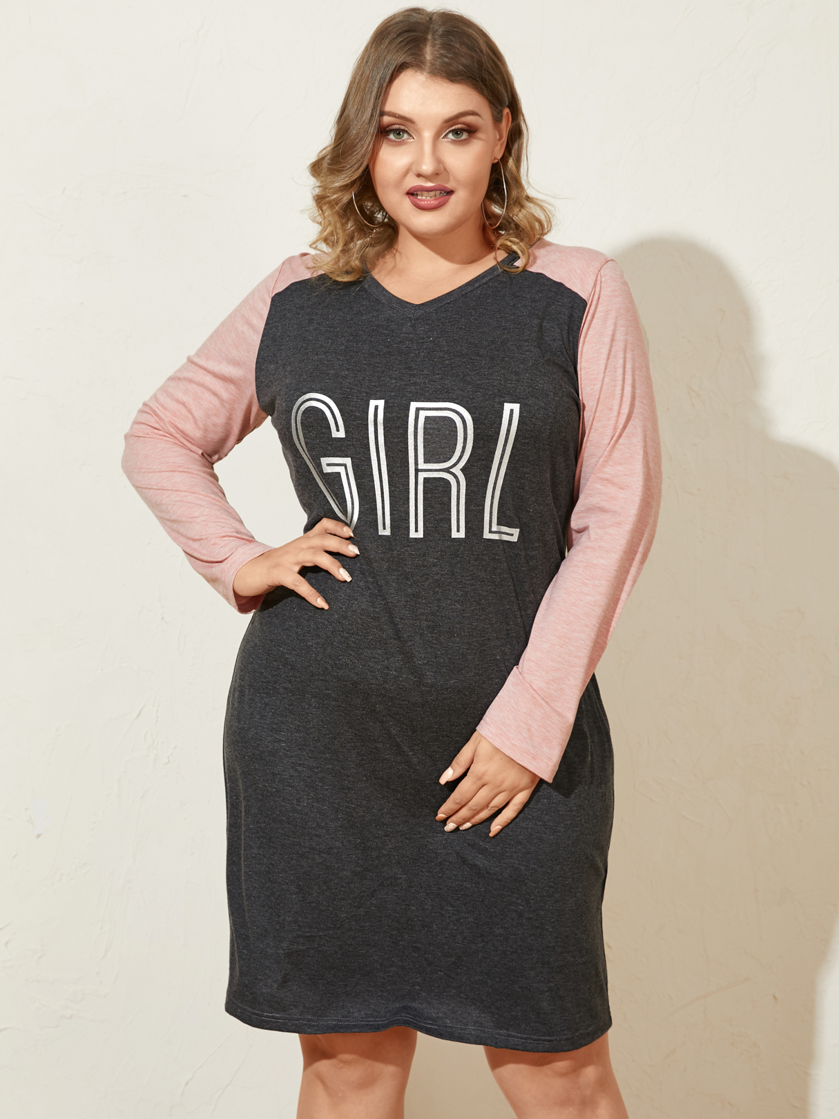 YOINS Plus Size Crew Neck Letter Knit Long Sleeves Mini Dress