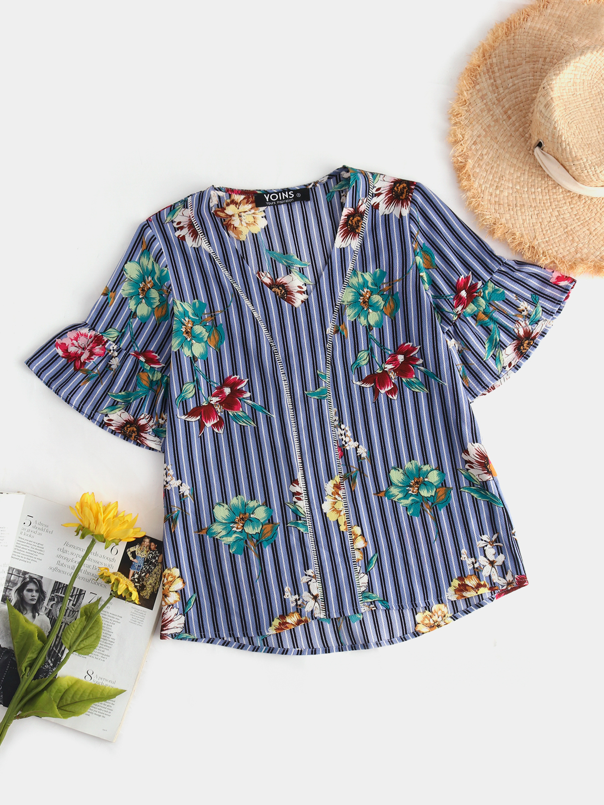 YOINS Blue Floral Print Stripes V-neck Bell Sleeves Blouse