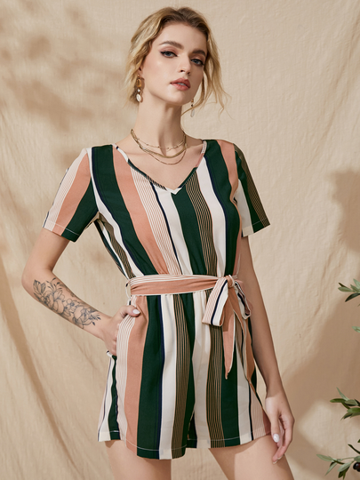 YOINS Pink V-neck Striped Belt Design Side Pocket Playsuits