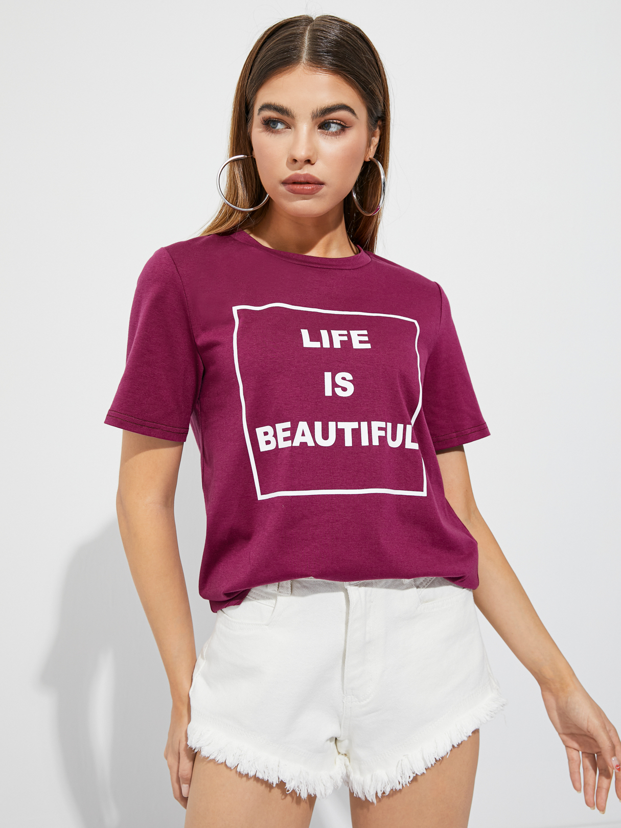 YOINS Round Neck Letter Short Sleeves Tee