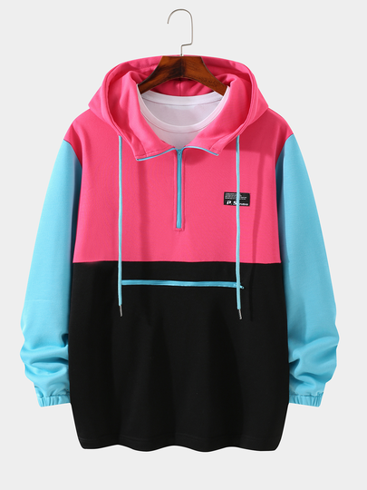 Men Multicolor Hooded Color Block Pocket Spliced Patchwork Hoodie