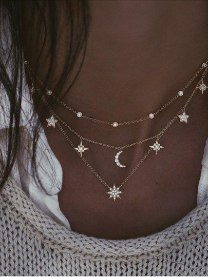 Gold Rhinestone Moon & Star Pendant Muti-layer Necklace