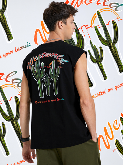 Men 100% Cotton Comfortable Cactus And Solgan Print Tank