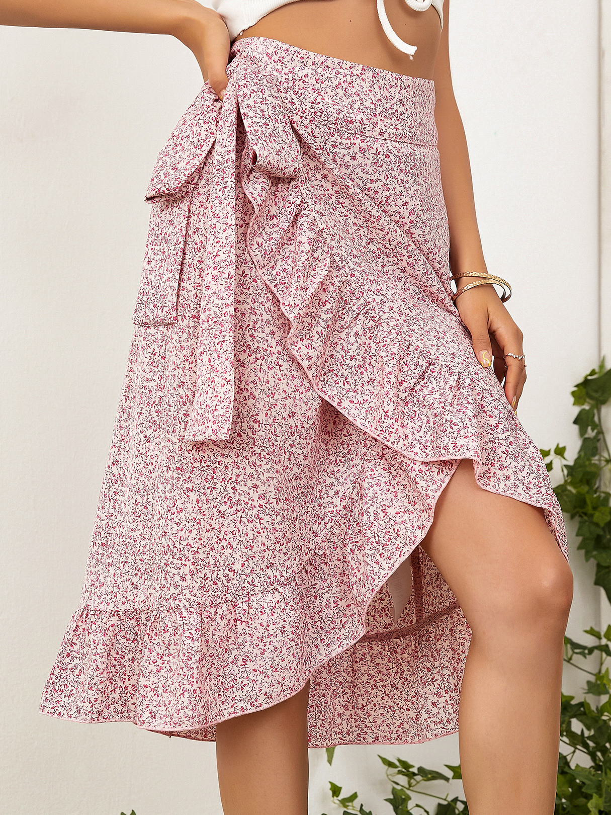 YOINS Calico Ruffle Hem High Waist Midi Skirt
