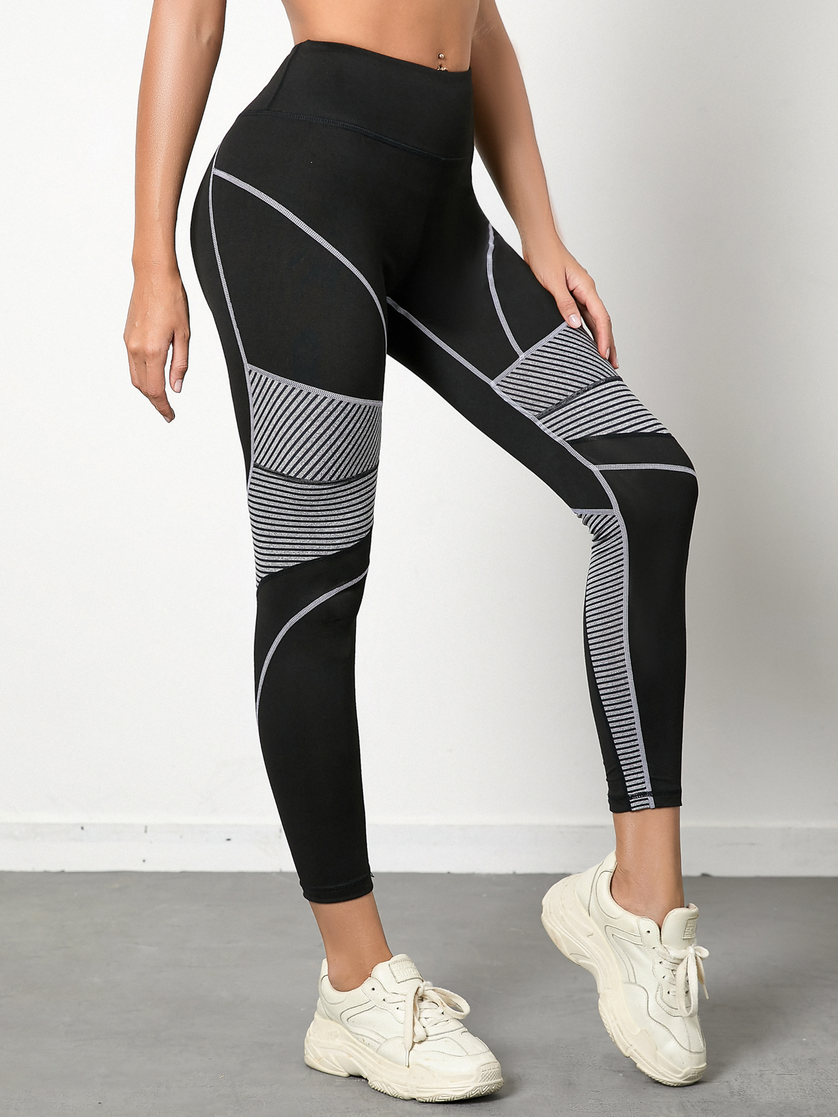 Black Striped Contrast Stitch High Waist Leggings