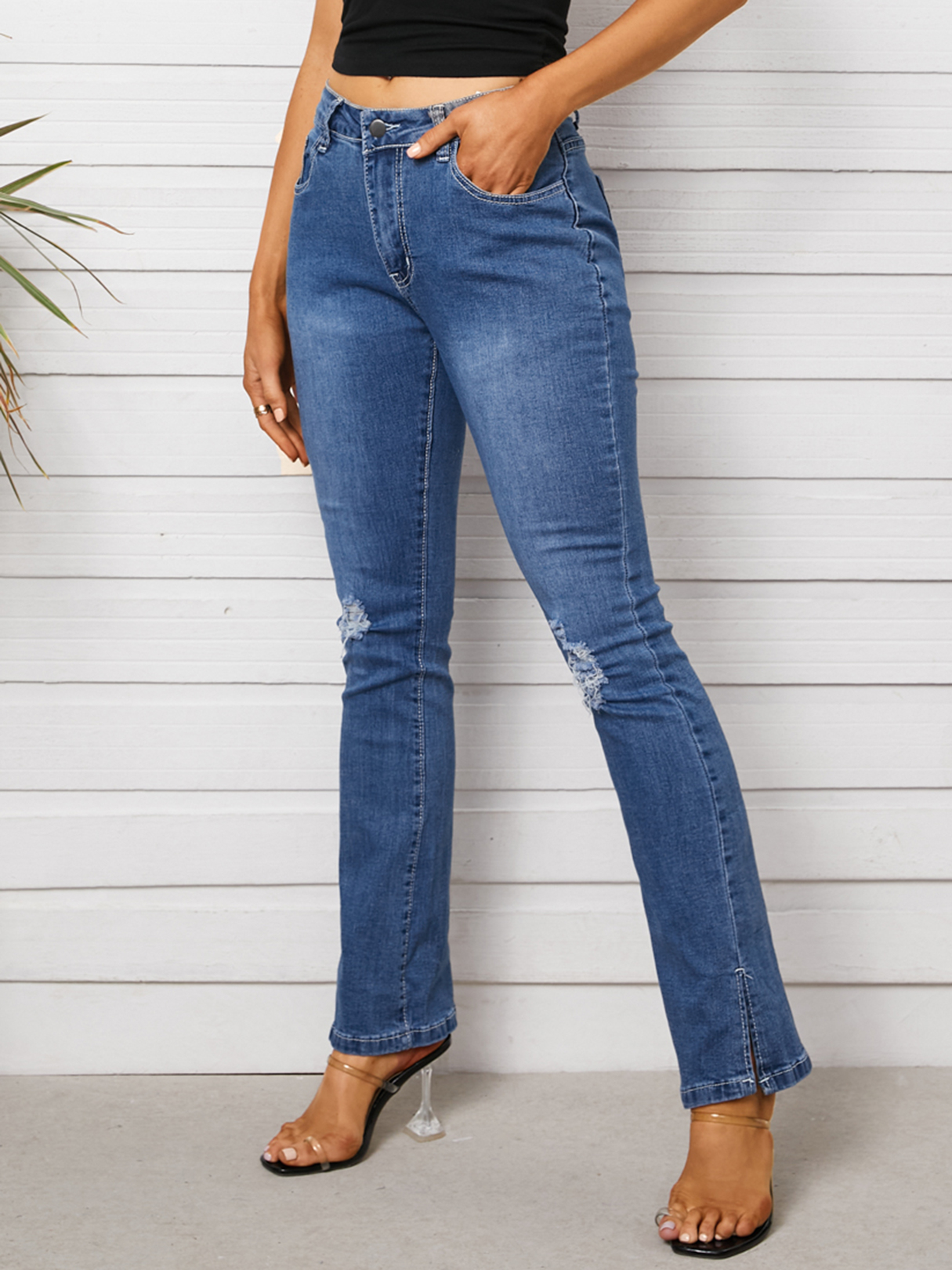 Royal Random Ripped Details Flare Leg Split Hem Jeans
