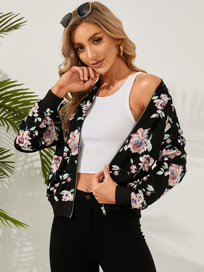 YOINS Black Random Floral Print Zip Design Jacket