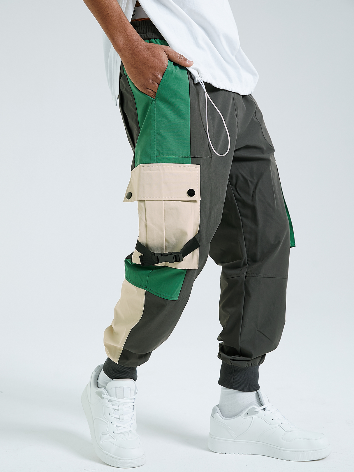 Men Fashion Color Block Multi-pockets Utility Pants