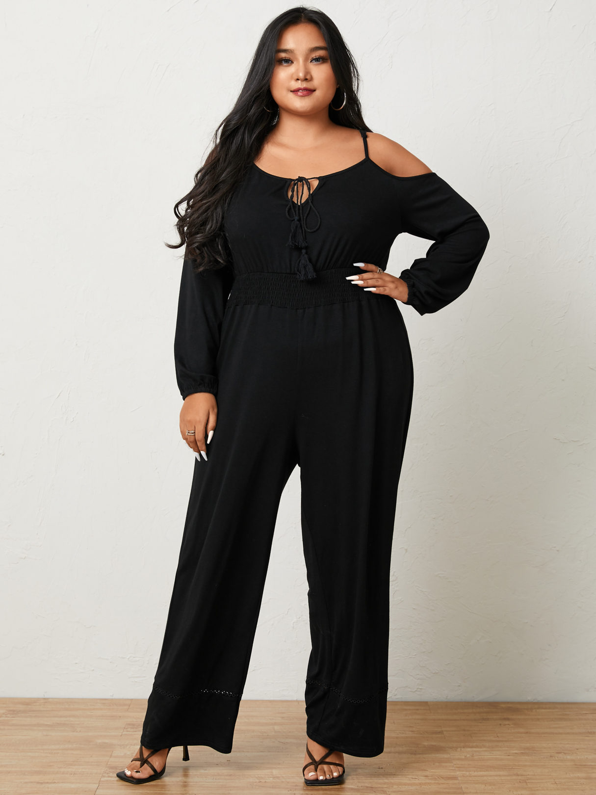 YOINS Plus Size Cold Shoulder Backless Design Tie-up Design Long Sleeves Jumpsuit