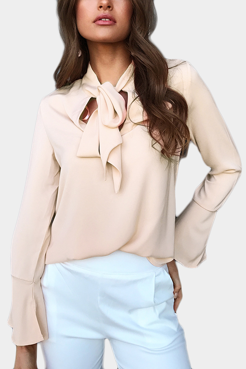 Nude Self-tie Design Bell Sleeves Chiffon Blouse