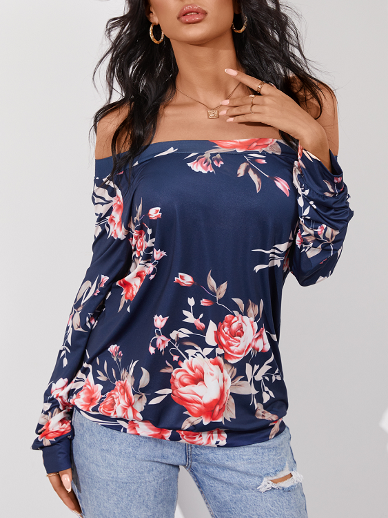YOINS Navy Random Floral Print Off The Shoulder Long Sleeves Blouse