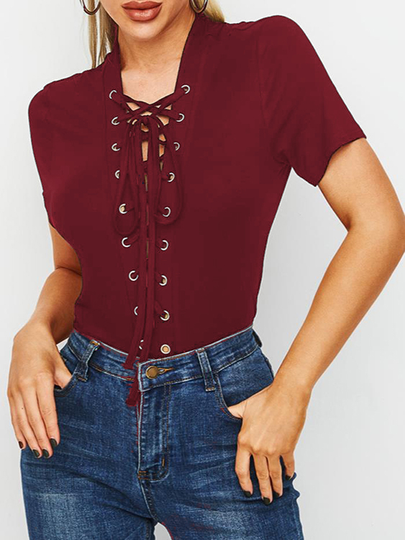 YOINS Criss-cross Deep V Neck Short Sleeves Tee