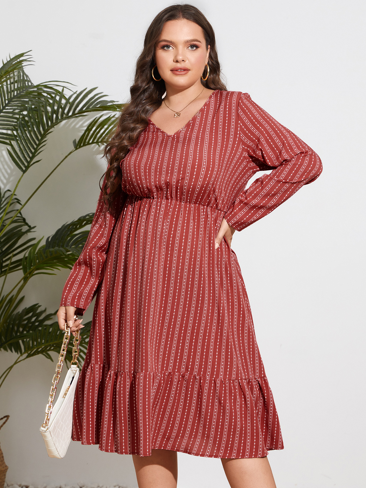 YOINS Plus Size Rust V-neck Striped Long Sleeves Dress