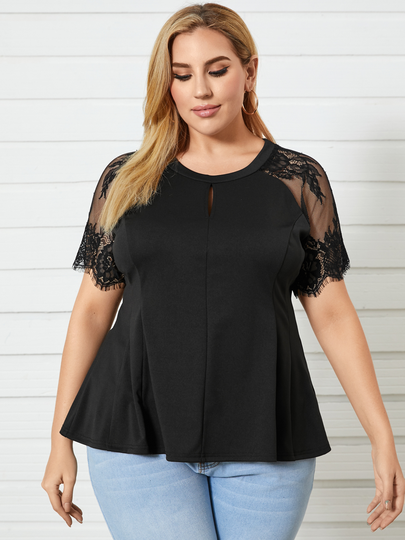 YOINS BASICS Plus Size Patchwork Cut Out Knit Short Sleeves Tee