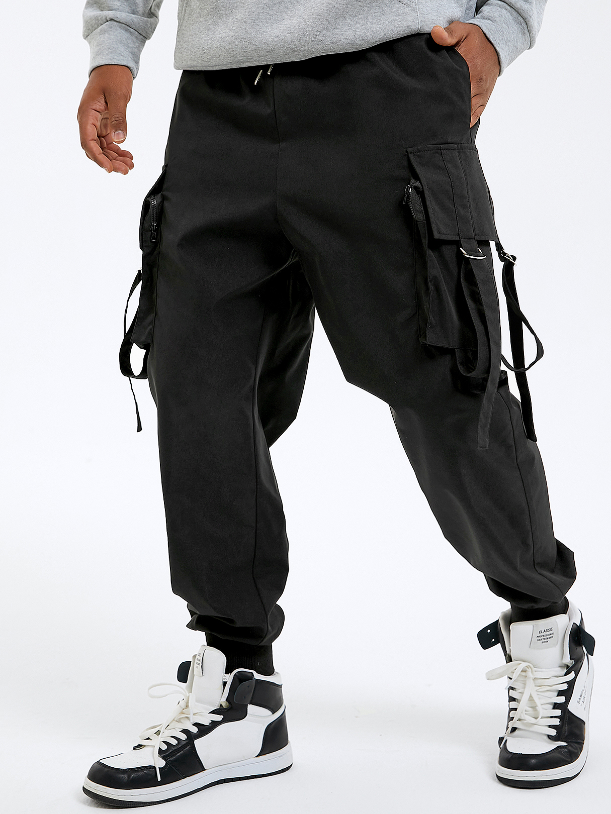 Men Hip Hop Style Metallic Buckle Ribbon Design Drawstring Cargo Pants