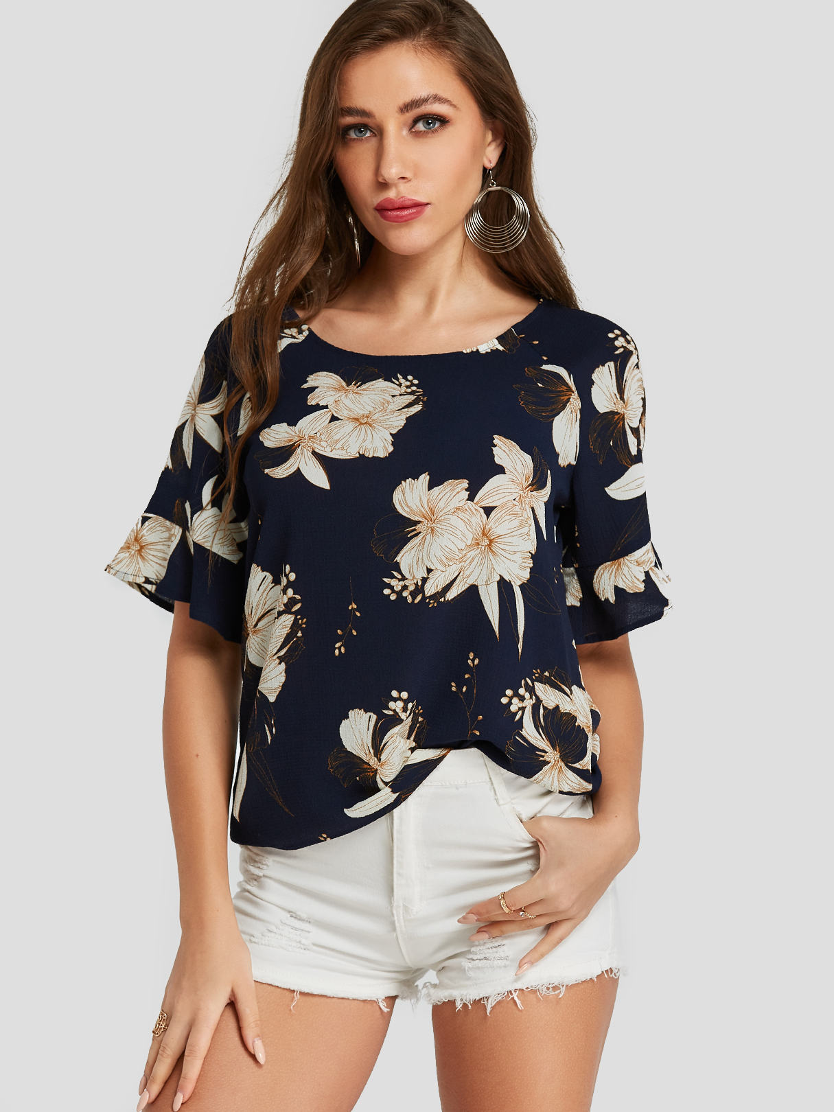 Navy Random Floral Print Round Neck Flounced Sleeves Tee