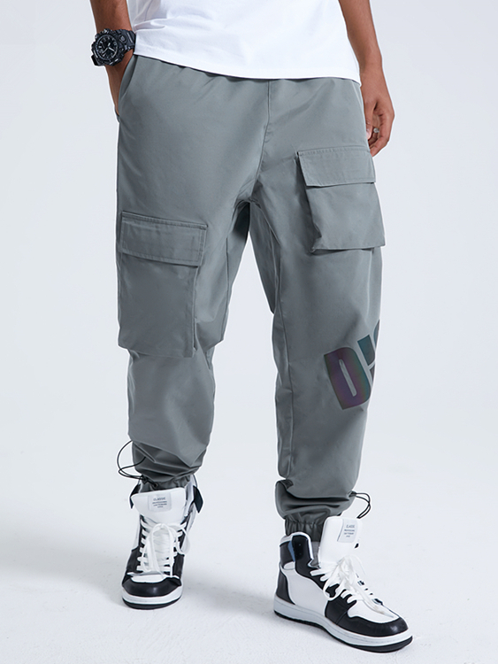 KOYYE Men Casual Letter Print Big Pocket Cargo Pants