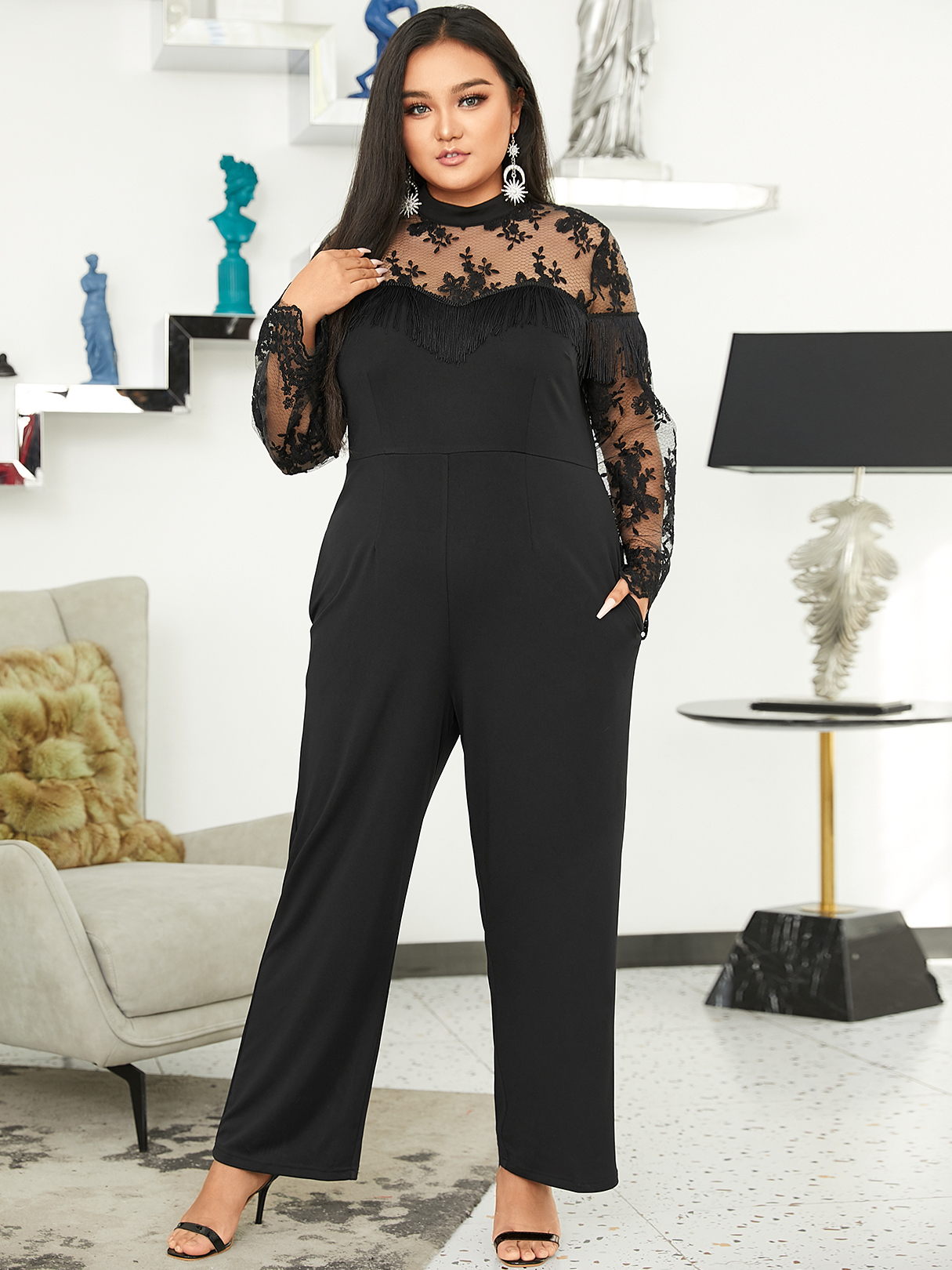 YOINS Plus Size Crew Neck Side Pockets Lace Patchwork Long Sleeves Jumpsuit