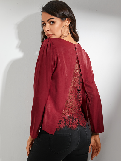 YOINS Burgundy Lace Backless Patchwork Shirt