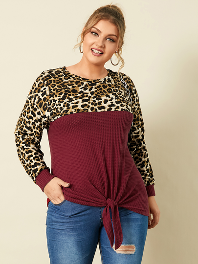 YOINS Plus Size Crew Neck Patchwork Leopard Tie-up Design Long Sleeves Sweater