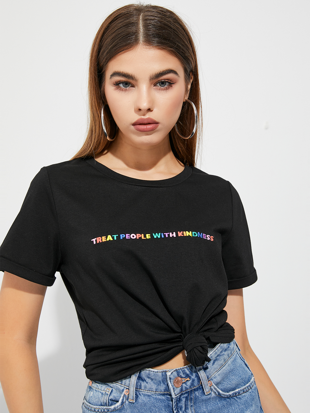 YOINS Black Round Neck Letter Short Sleeves Tee