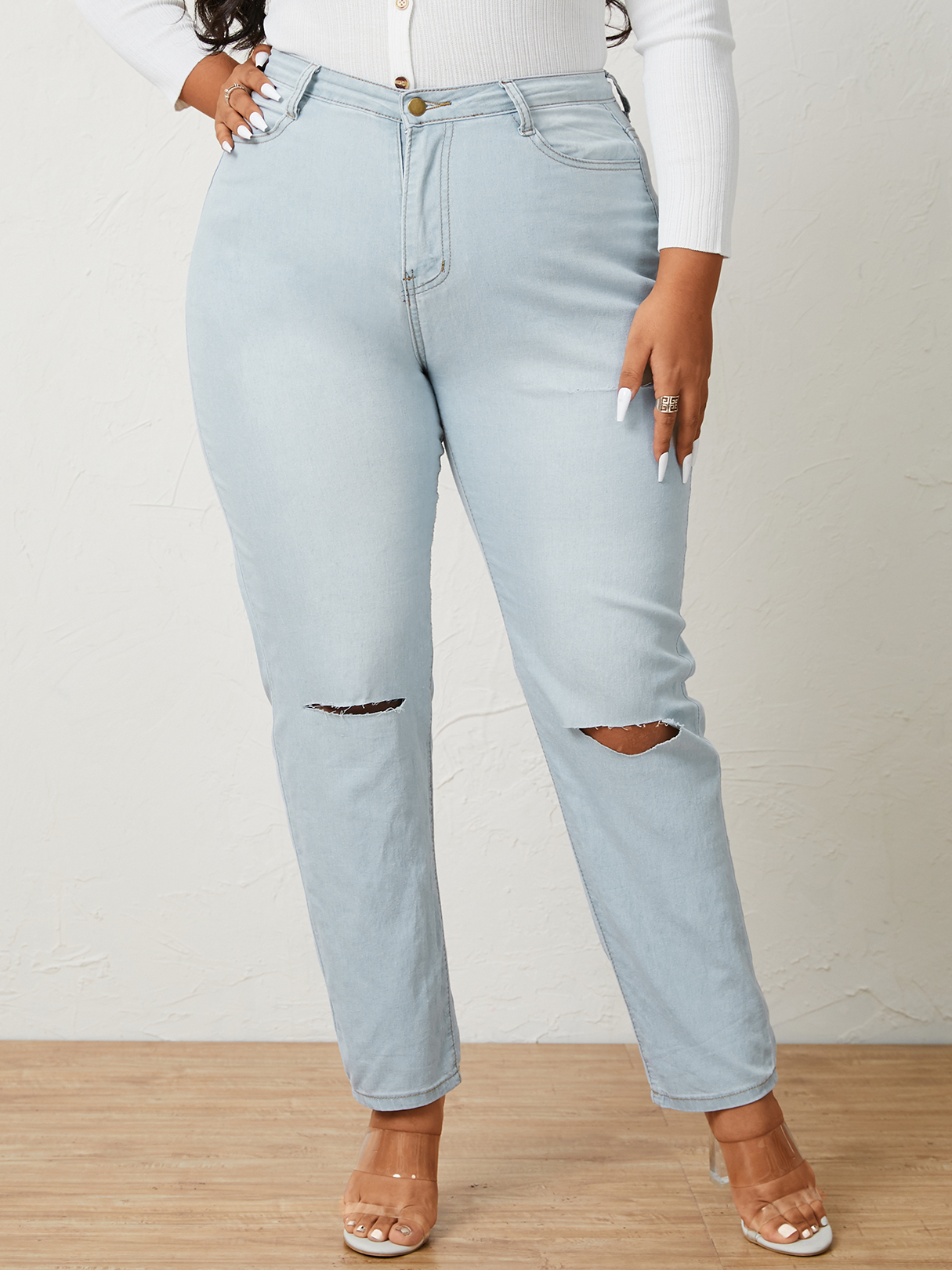 Plus Size Side Pockets Cut Out Denim Pants